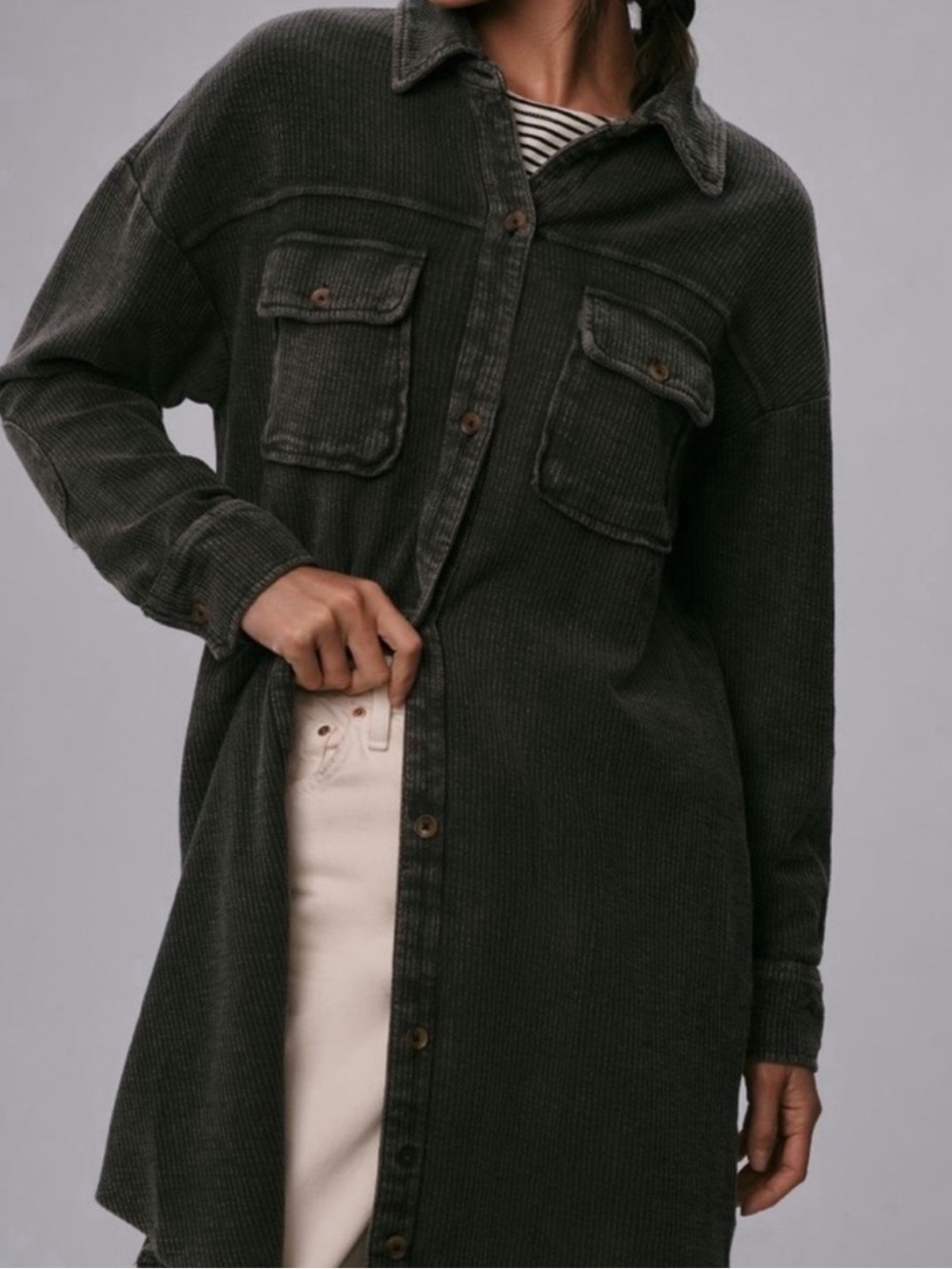 Anthropologie Pilcro Ribbed Duster Shacket Shirt Jacket XS Charcoal Grey Cotton - Picture 3 of 13
